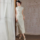 Beth and Brian Qipao-SMQ Chloe Beige&Red Wedding Midi Cheongsam with raglan sleeves
