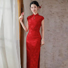Beth and Brian Qipao-SMQ Chloe Beige&Red Wedding Midi Cheongsam with raglan sleeves