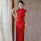 Beth and Brian Qipao-SMQ Chloe Beige&Red Wedding Midi Cheongsam with raglan sleeves