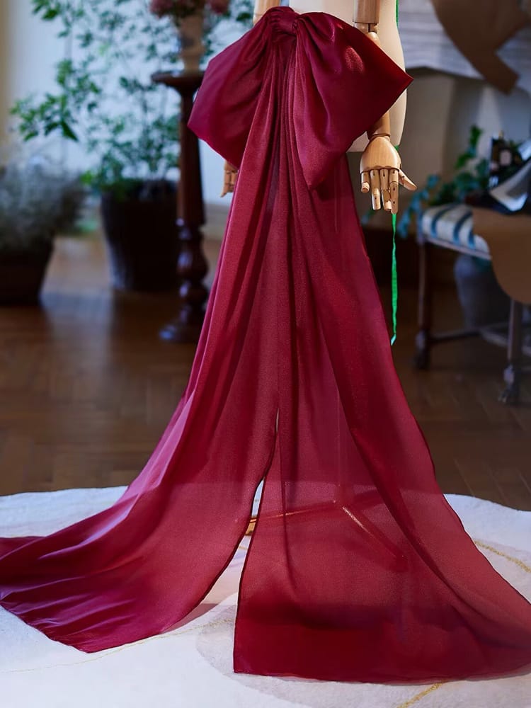 Beth and Brian qipao-DTY Burgundy Satin Giant Bow Bridal Qipao Back Train Sash