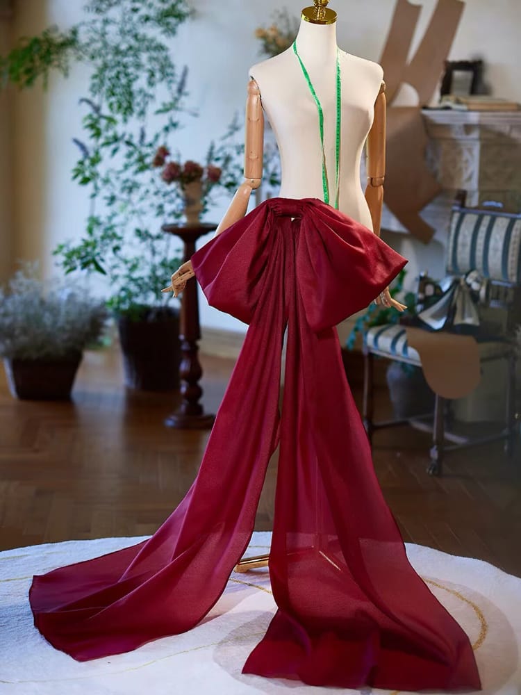 Beth and Brian qipao-DTY Burgundy Satin Giant Bow Bridal Qipao Back Train Sash