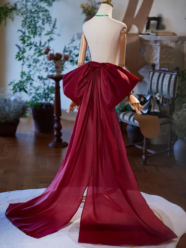 Beth and Brian qipao-DTY Burgundy Satin Giant Bow Bridal Qipao Back Train Sash