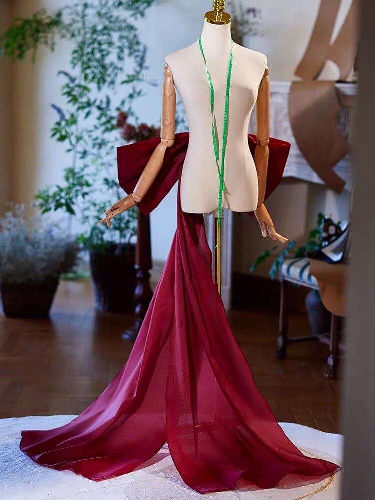 Beth and Brian qipao-DTY Burgundy Satin Giant Bow Bridal Qipao Back Train Sash