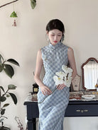 Beth and Brian Qipao-LSB Wren Light Blue Plaid Sleeveless TR Cotton Midi Cheongsam