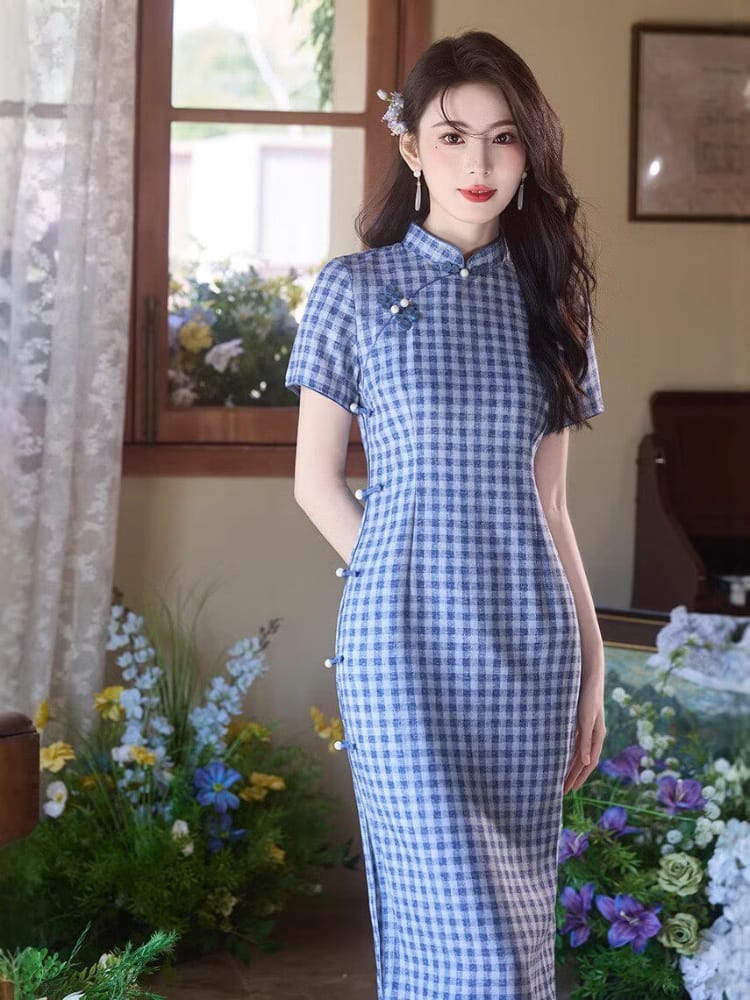 Beth and Brian Qipao-TMX Iris Vintage Blue Gingham Silk Linen Midi Qipao