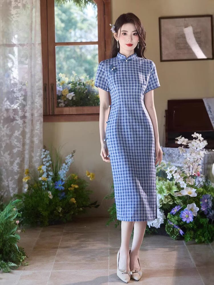 Beth and Brian Qipao-TMX Iris Vintage Blue Gingham Silk Linen Midi Qipao