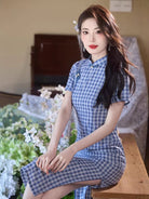Beth and Brian Qipao-TMX Iris Vintage Blue Gingham Silk Linen Midi Qipao