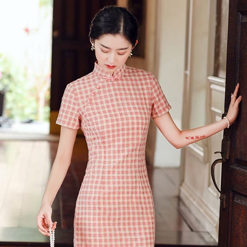 Beth and Brian Qipao-XD Summer Collection, Plaid Cotton Midi Cheongsam