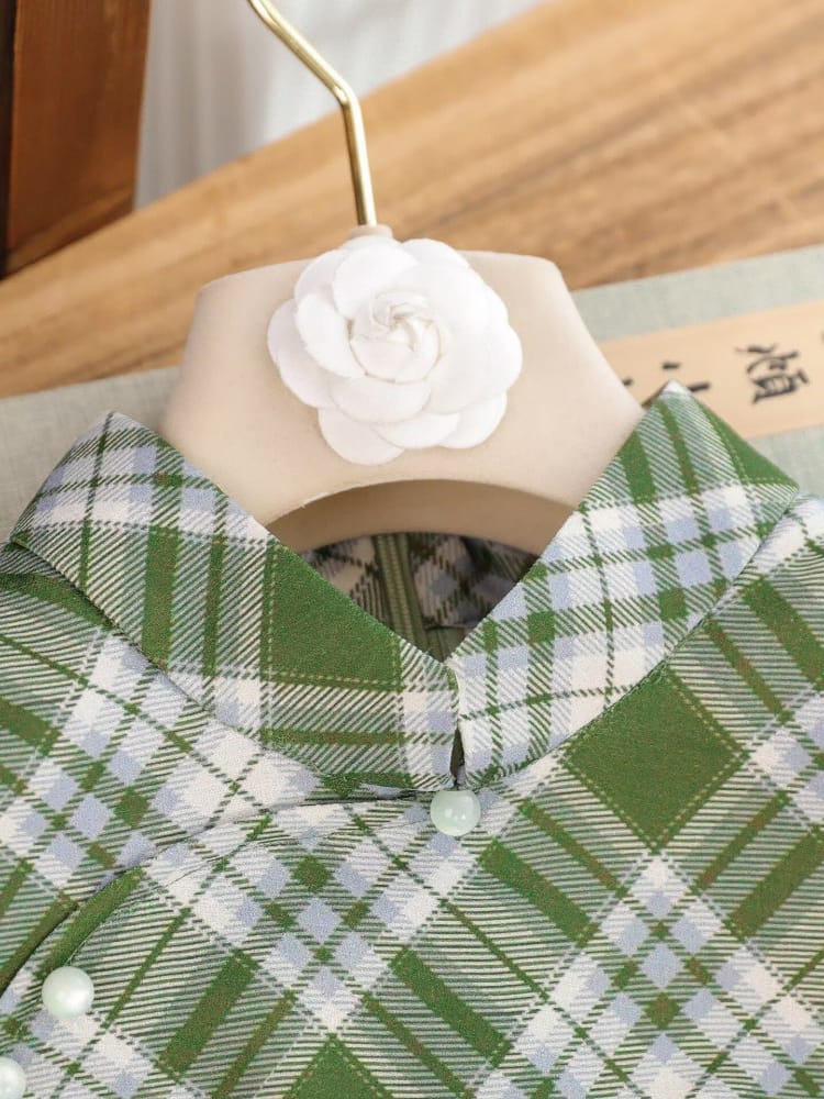 Beth and Brian Qipao-SY Lily Retro Green Plaid Midi Cheongsam