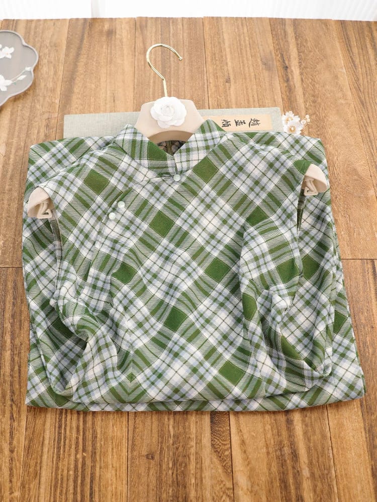Beth and Brian Qipao-SY Lily Retro Green Plaid Midi Cheongsam
