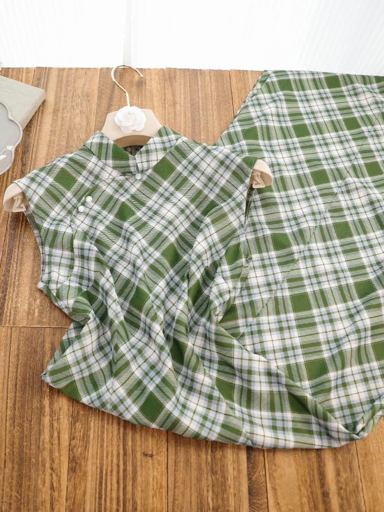 Beth and Brian Qipao-SY Lily Retro Green Plaid Midi Cheongsam