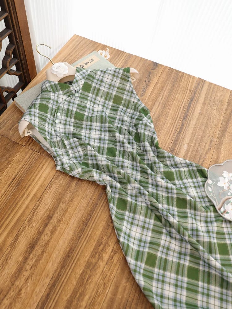 Beth and Brian Qipao-SY Lily Retro Green Plaid Midi Cheongsam