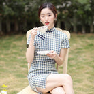 Beth and Brian Qipao-XD Chloe Vintage Plaid Cotton Blend Short Qipao Dress