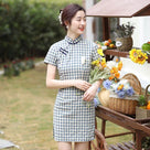 Beth and Brian Qipao-XD Chloe Vintage Plaid Cotton Blend Short Qipao Dress