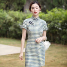 Beth and Brian Qipao-XD Chloe Vintage Plaid Cotton Blend Short Qipao Dress