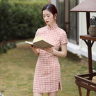 Beth and Brian Qipao-XD Chloe Vintage Plaid Cotton Blend Short Qipao Dress