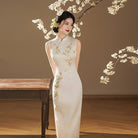 Beth and Brian qipao-QJ Elowen Floral Embroidery Imitation Acetate Satin Long Cheongsam