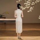 Beth and Brian qipao-QJ Elowen Floral Embroidery Imitation Acetate Satin Long Cheongsam