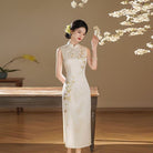 Beth and Brian qipao-QJ Elowen Floral Embroidery Imitation Acetate Satin Long Cheongsam
