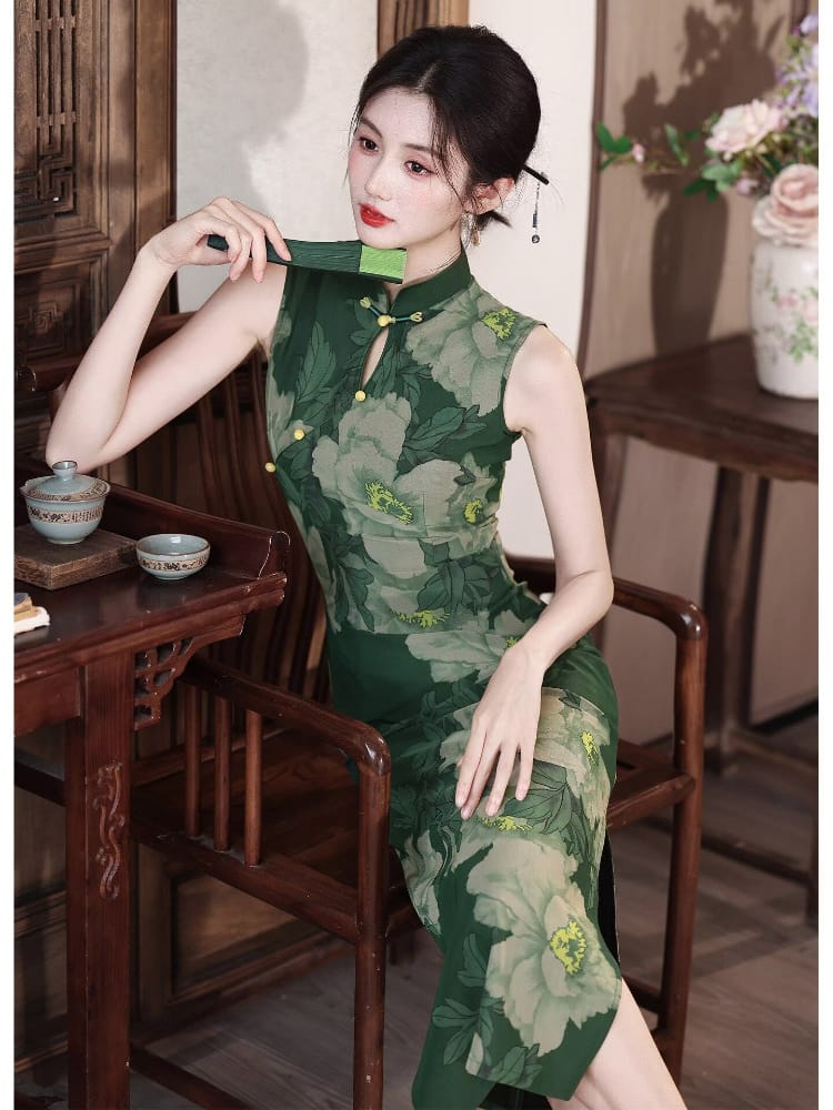 Beth and Brian Qipao-LSB Sadie Vintage Dark Green Peony Long Cheongsam