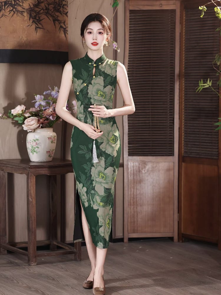 Beth and Brian Qipao-LSB Sadie Vintage Dark Green Peony Long Cheongsam