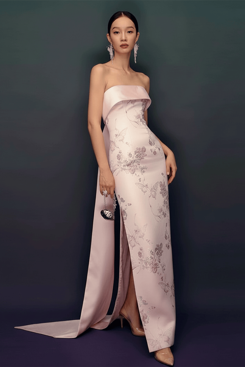 Beth and Brian Qipao-QHM 新中式 Tube Top Long Cheongsam | Modern Chinese Style Satin Qipao