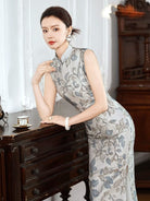 Beth and Brian Qipao-XLY Mia Sleeveless Grey-Floral Tencel‑Linen Maxi Qipao Dress