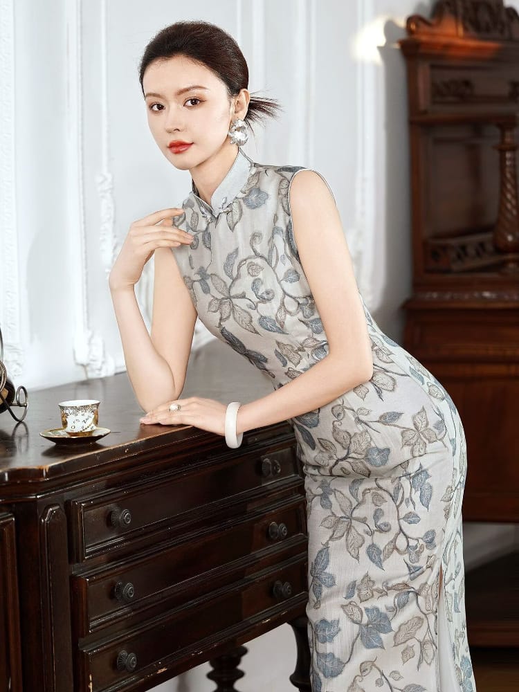Beth and Brian Qipao-XLY Mia Sleeveless Grey-Floral Tencel‑Linen Maxi Qipao Dress