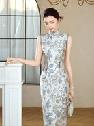 Beth and Brian Qipao-XLY Mia Sleeveless Grey-Floral Tencel‑Linen Maxi Qipao Dress