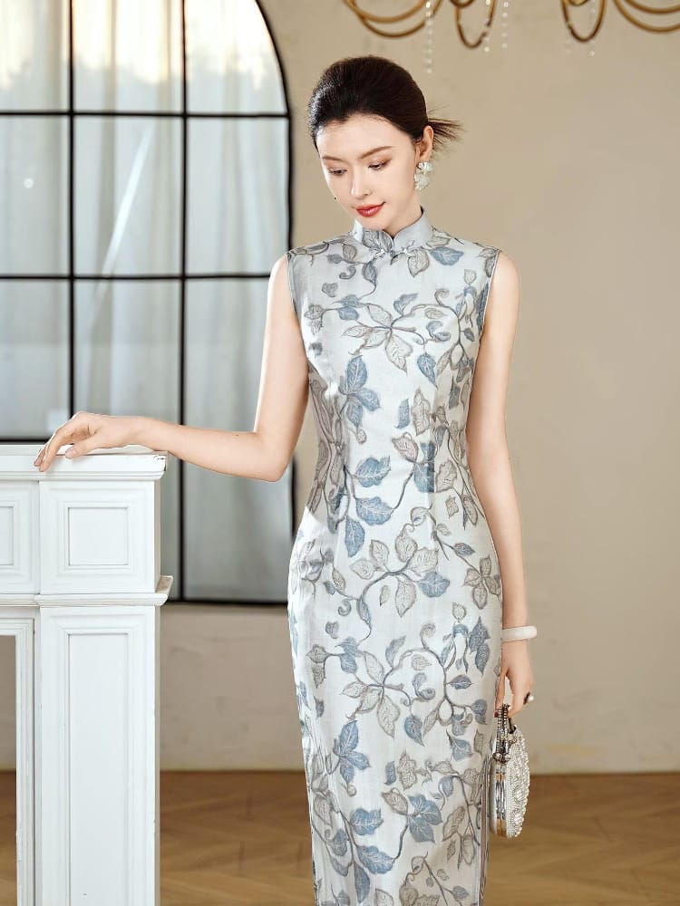 Beth and Brian Qipao-XLY Mia Sleeveless Grey-Floral Tencel‑Linen Maxi Qipao Dress