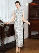 Beth and Brian Qipao-XLY Mia Sleeveless Grey-Floral Tencel‑Linen Maxi Qipao Dress