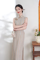 Beth and Brian Qipao-XL Chloe Sleeveless Vertical‑Stripe Cotton Midi Cheongsam