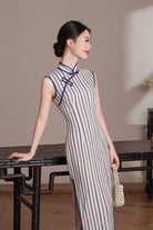 Beth and Brian Qipao-XL Chloe Sleeveless Vertical‑Stripe Cotton Midi Cheongsam