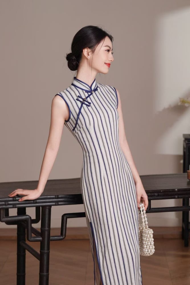 Beth and Brian Qipao-XL Chloe Sleeveless Vertical‑Stripe Cotton Midi Cheongsam