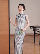 Beth and Brian Qipao-XL Chloe Sleeveless Vertical‑Stripe Cotton Midi Cheongsam