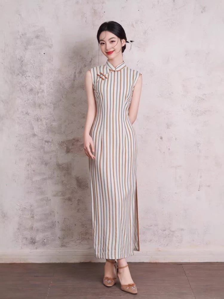 Beth and Brian Qipao-XL Chloe Sleeveless Vertical‑Stripe Cotton Midi Cheongsam