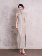 Beth and Brian Qipao-XL Chloe Sleeveless Vertical‑Stripe Cotton Midi Cheongsam