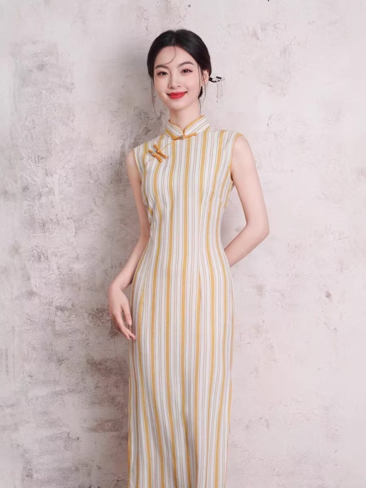 Beth and Brian Qipao-XL Chloe Sleeveless Vertical‑Stripe Cotton Midi Cheongsam