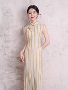 Beth and Brian Qipao-XL Chloe Sleeveless Vertical‑Stripe Cotton Midi Cheongsam
