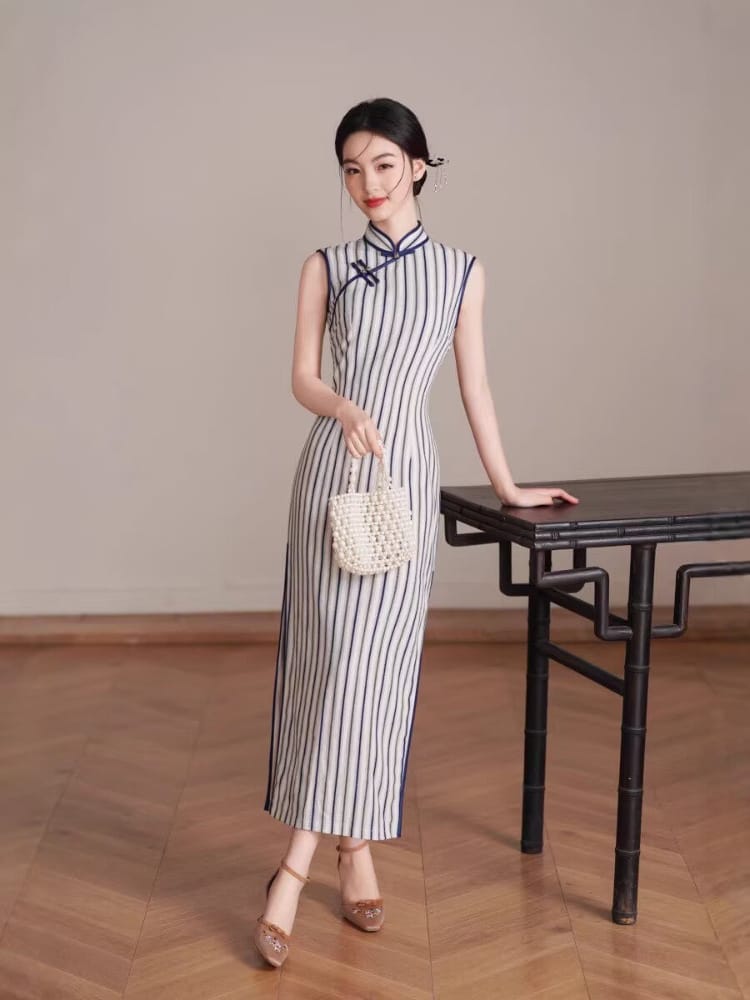 Beth and Brian Qipao-XL Chloe Sleeveless Vertical‑Stripe Cotton Midi Cheongsam