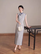 Beth and Brian Qipao-XL Chloe Sleeveless Vertical‑Stripe Cotton Midi Cheongsam