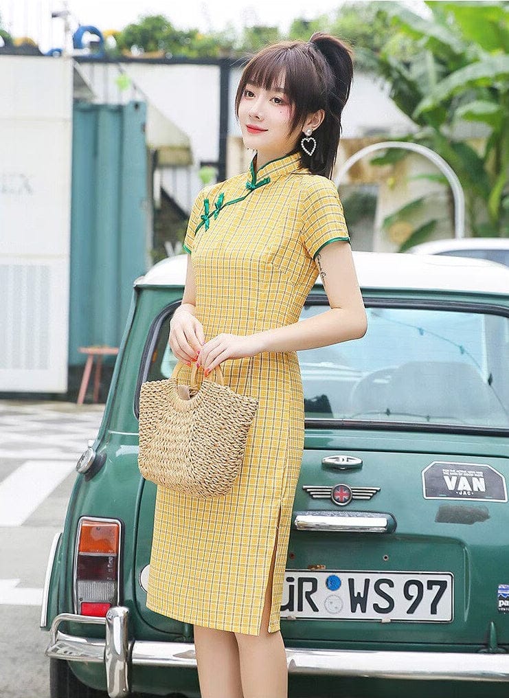 Beth and Brian qipao-HSJ Emily Plaid Cotton Midi Cheongsam