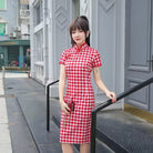 Beth and Brian qipao-HSJ Emily Plaid Cotton Midi Cheongsam