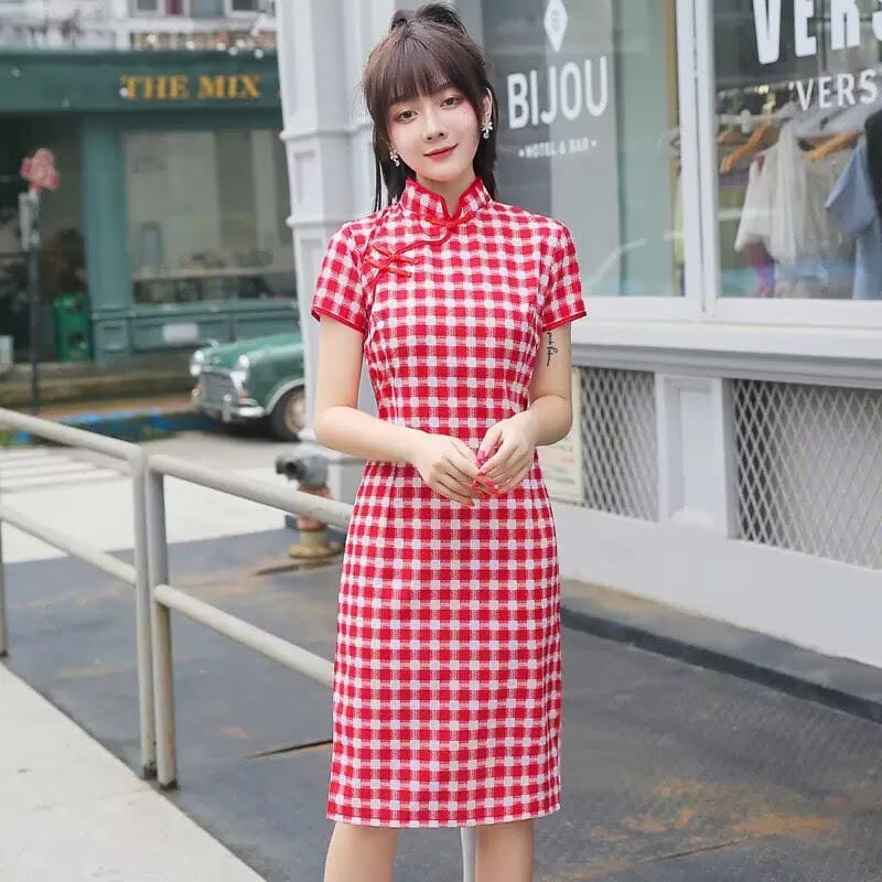 Beth and Brian qipao-HSJ Emily Plaid Cotton Midi Cheongsam