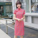Beth and Brian qipao-HSJ Emily Plaid Cotton Midi Cheongsam