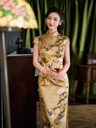 Beth and Brian Qipao-XLY Sadie Golden Peony Print, 19 Mome Mulberry Silk High end Long Cheongsam