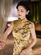 Beth and Brian Qipao-XLY Sadie Golden Peony Print, 19 Mome Mulberry Silk High end Long Cheongsam