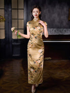 Beth and Brian Qipao-XLY Sadie Golden Peony Print, 19 Mome Mulberry Silk High end Long Cheongsam