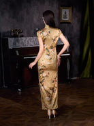 Beth and Brian Qipao-XLY Sadie Golden Peony Print, 19 Mome Mulberry Silk High end Long Cheongsam