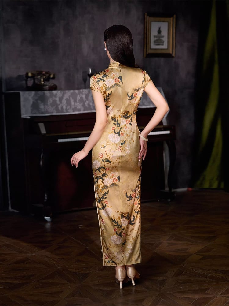Beth and Brian Qipao-XLY Sadie Golden Peony Print, 19 Mome Mulberry Silk High end Long Cheongsam
